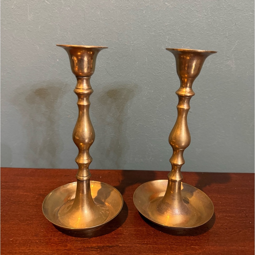 Pair of vintage gold brass candlestick candle holders 7.5” with Wax Catch Bottom